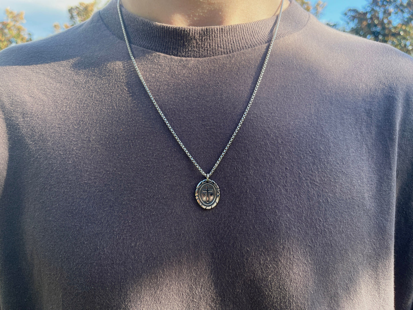 Cross Pendant Necklace Chain, Oval Minimalist Stainless Steel Men's Pendant Chain, Layering Necklace, Gift for Him