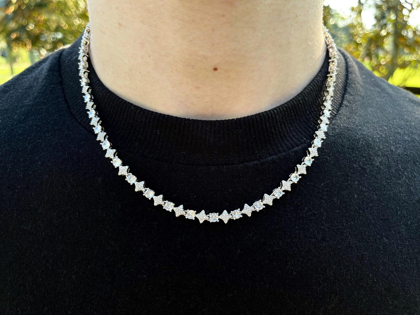 Silver Iced Out Star Tennis Chain - 5mm CZ 925 Silver Tennis Chain Necklace