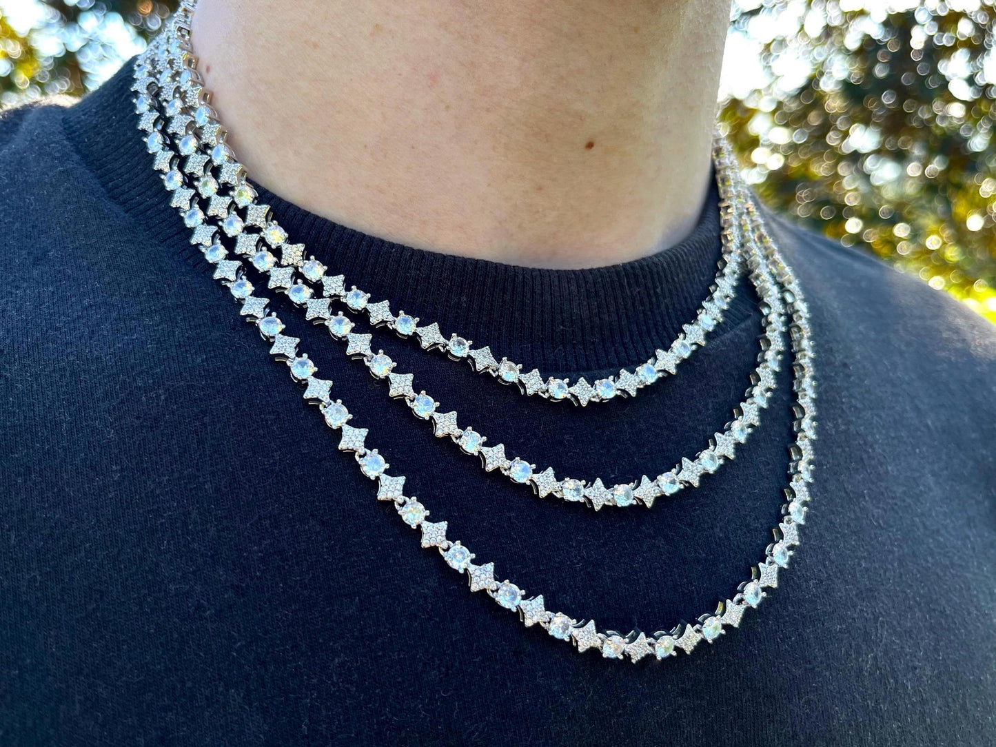 Silver Iced Out Star Tennis Chain - 5mm CZ 925 Silver Tennis Chain Necklace
